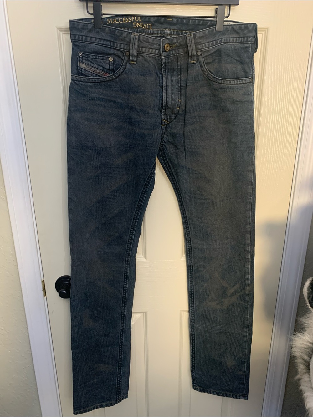 Diesel Men's “Thavar” Slim Straight Jeans in Dark Blue Wash